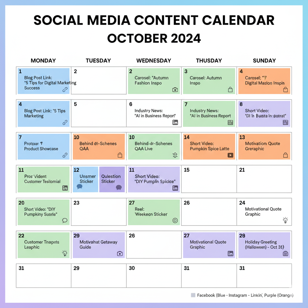 Social media marketing tips for increasing sales and leads – posting schedule calendar illustration