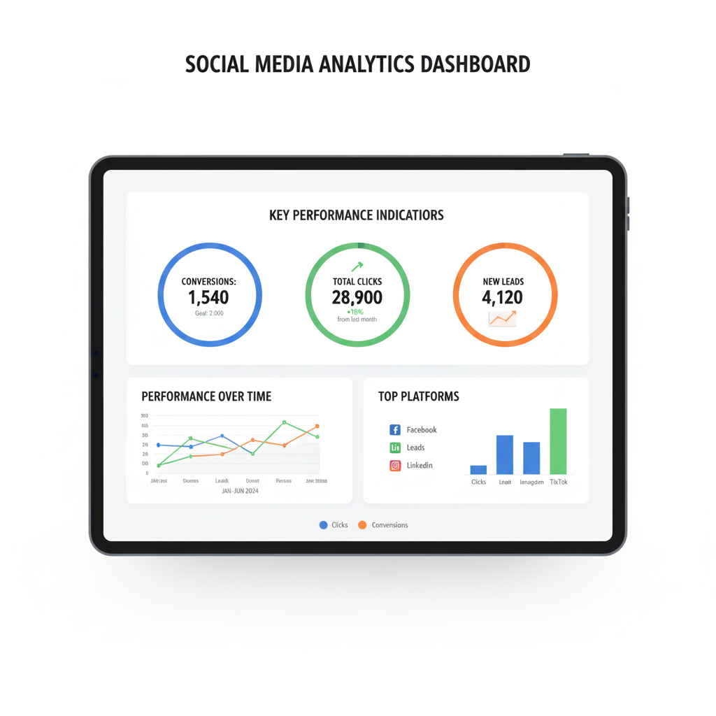 Social media marketing tips for increasing sales and leads – tracking analytics dashboard illustration