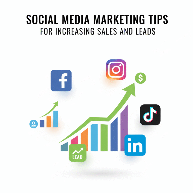 Social media marketing tips for increasing sales and leads – thumbnail showing social media icons with rising growth chart